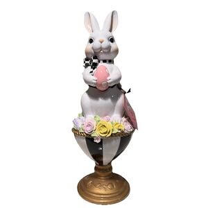 NEW Tophat & Tail Mackenzie Childs Style Easter Bunny Black White Pedestal 15"